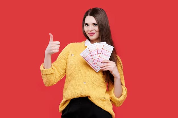 Mulher levantando o polegar e segurando bilhete de loteria