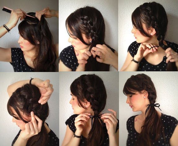 Mulher de cabelos castanhos mostrando como fazer um penteado simples.