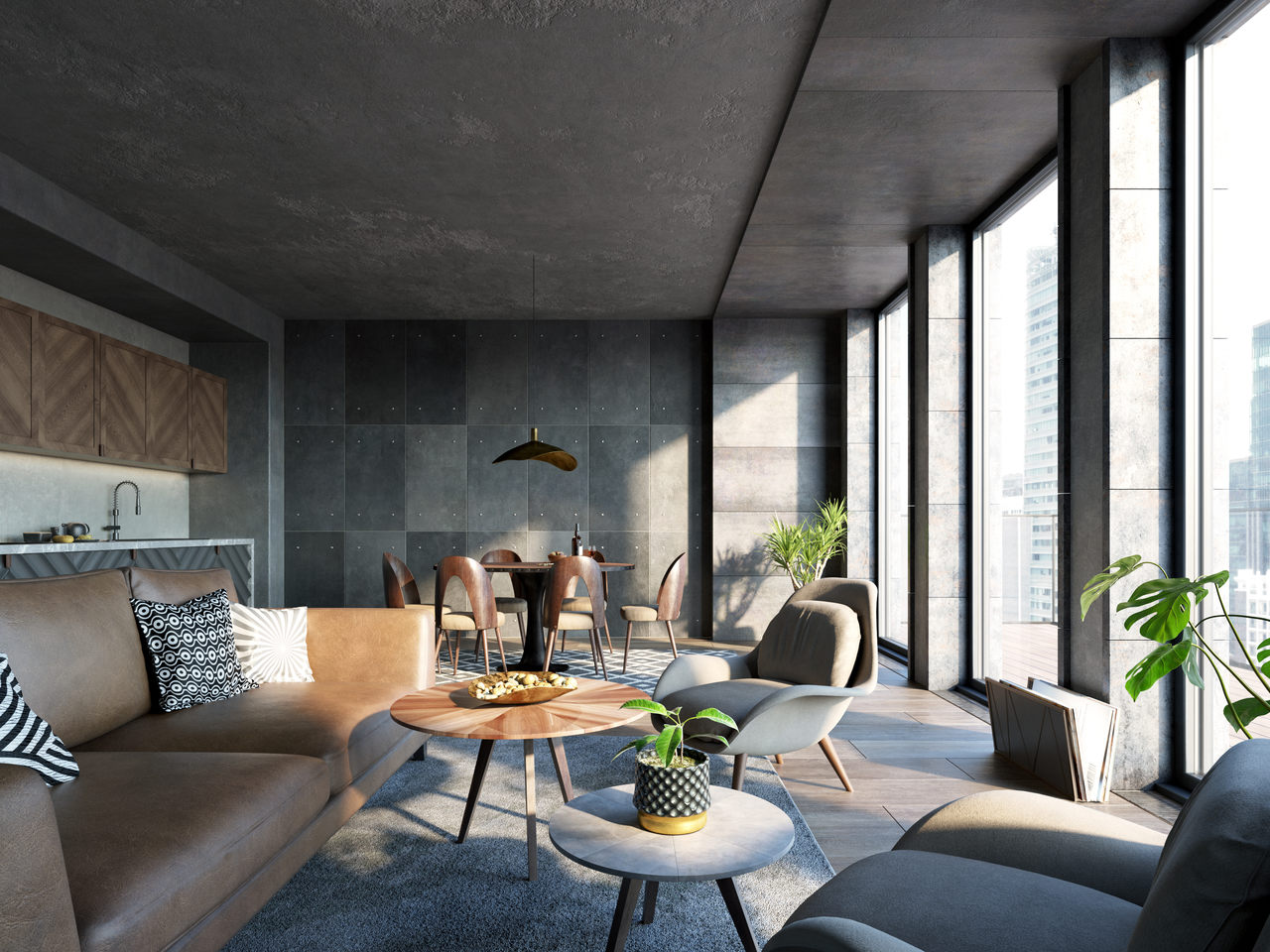 Sala com decoração industrial e estrutura aparente.