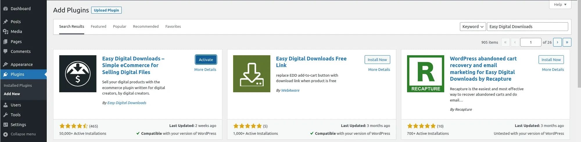 Ativação plugin wordpress