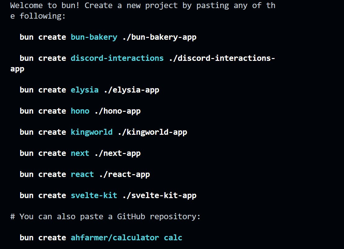 Opções ao rodar o comando bun create no terminal
