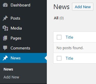 Dashboard wordpress exibindo novo tipo de post