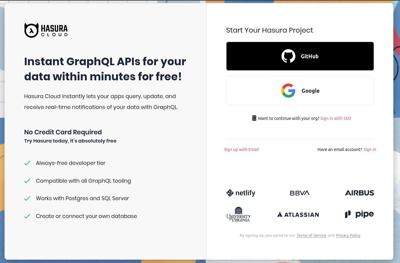 Página de login do Hasura Cloud