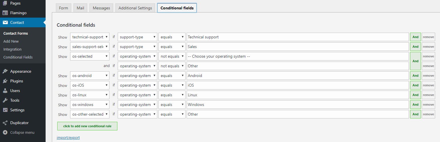 Configurando campos condicionais em formulário de contato