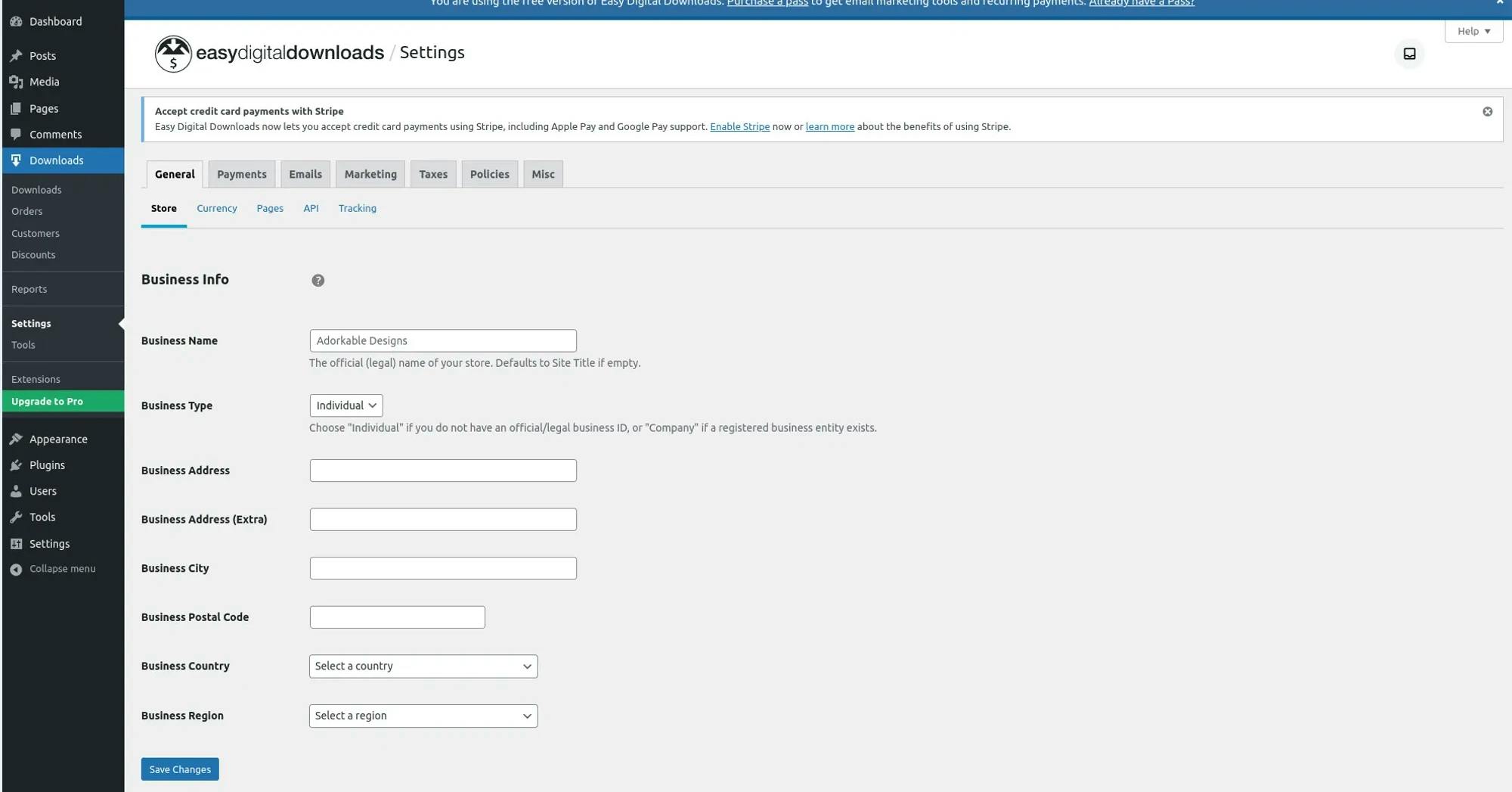 Janela configurações Easy Digital Downloads