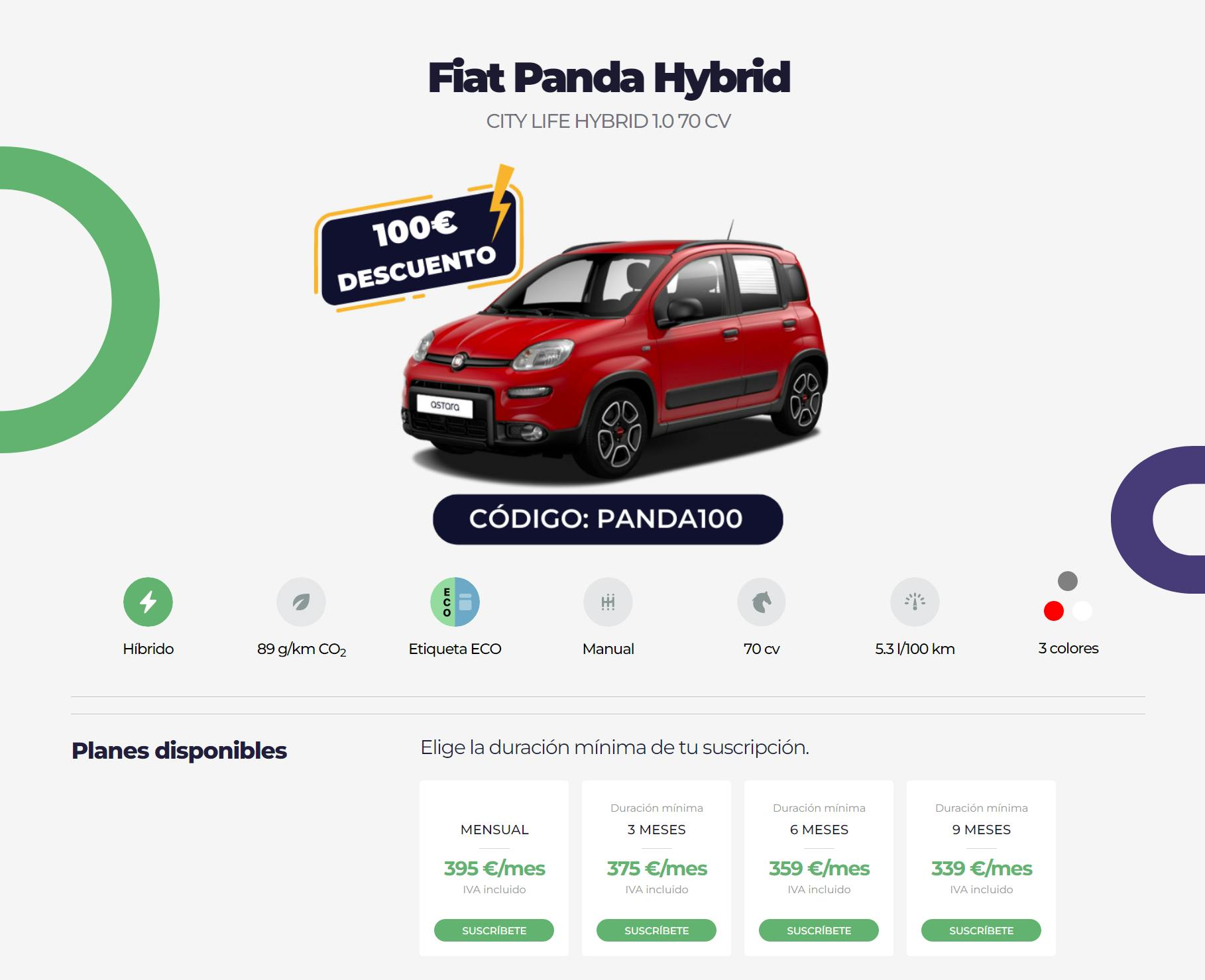 Fiat Panda Hybrid por suscricpiónen Astara Move con plan Mover