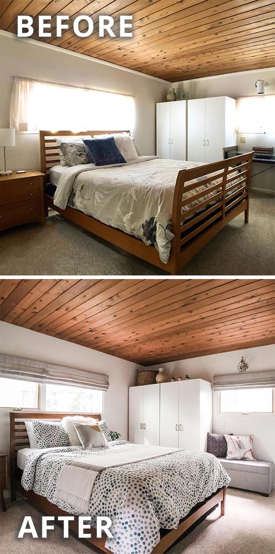 guest room before and after photos. Before photo is cluttered with mismatched furniture. After photo more cohesive featuring fresh paint, blackout roman shades and furntiure in the same matching wood tones.