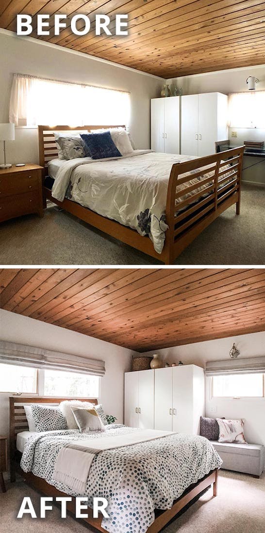 guest room before and after photos. Before photo is cluttered with mismatched furniture. After photo more cohesive featuring fresh paint, blackout roman shades and furntiure in the same matching wood tones.