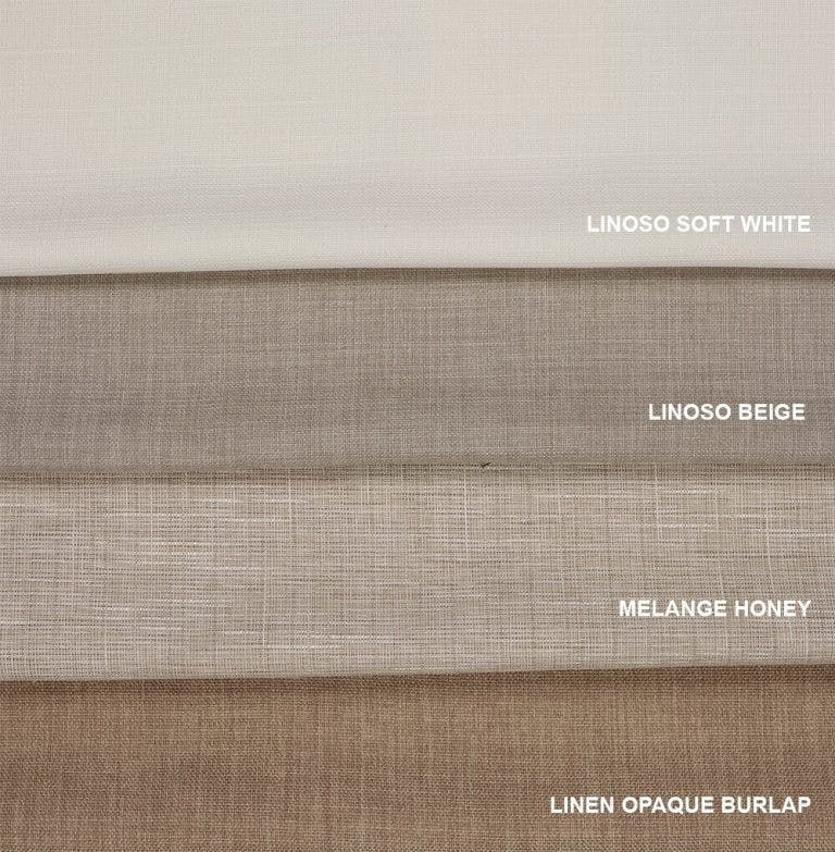 Blinds.com premier roman shades fabric samples in colors linoso soft white, linoso beige, melange honey and linen opaque burlap