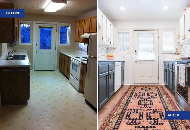 before and after shot of dated kitchen with brown cabinets and after with pink Persian rug, blue and white painted cabinets and white wood blinds with cloth tapes