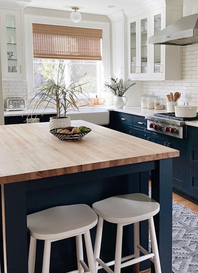 farmhouse kitchen with blinds.com woven wood shades