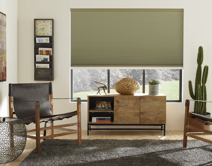 A modern living room with Blinds.com Premium Blackout Cellular Shades