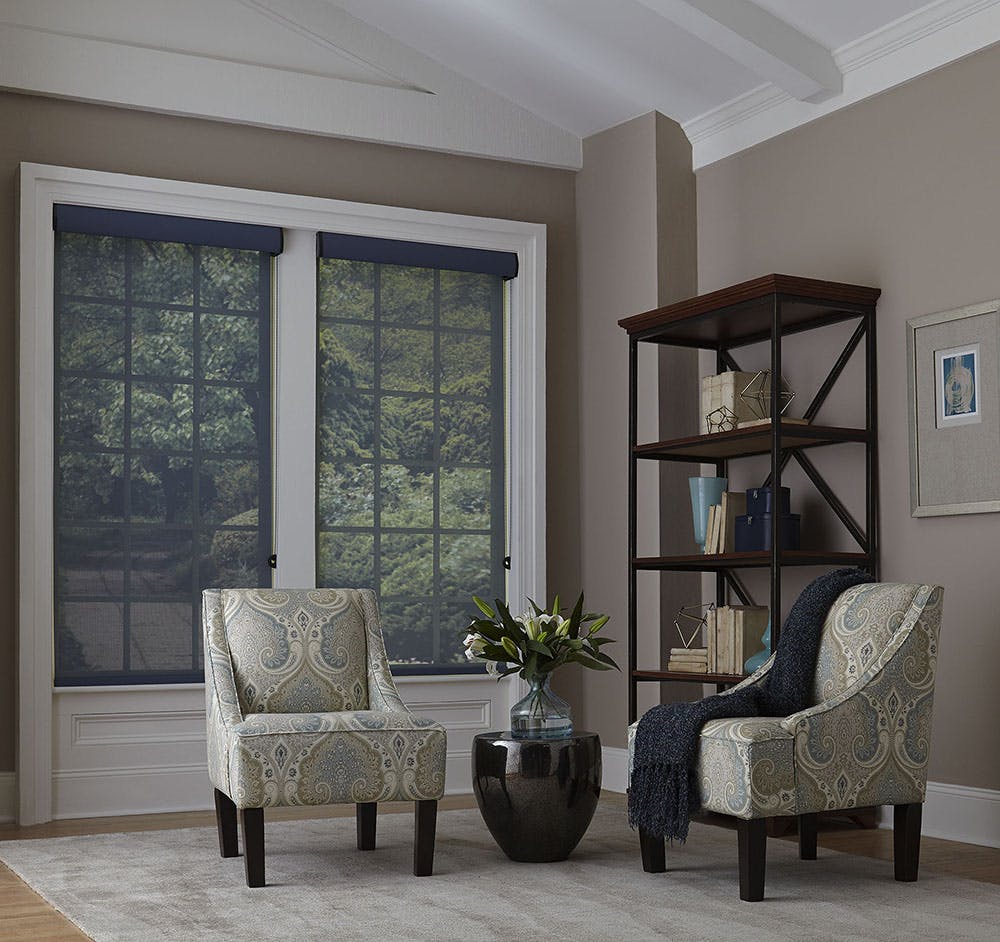 Traditional living room with black solar shades, two fabric chairs and an industrial shelf in the corner.