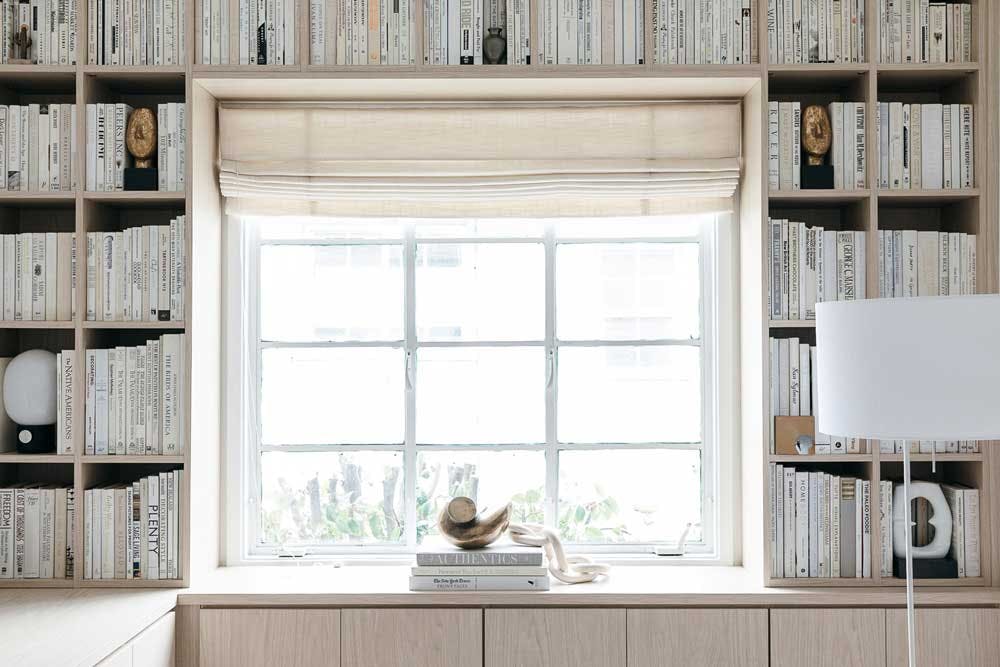 roman shade for window seat in office library