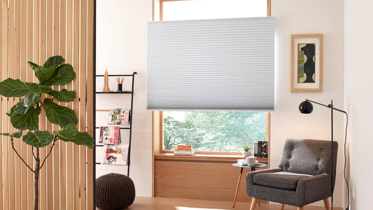 Blinds.com premium blackout cellular shade in Igloo in a modern living space.