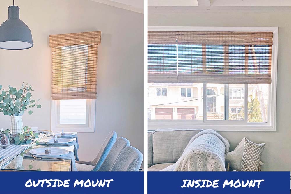 and outside mount woven wood shade on the left and an inside mount woven wood shade on the right.