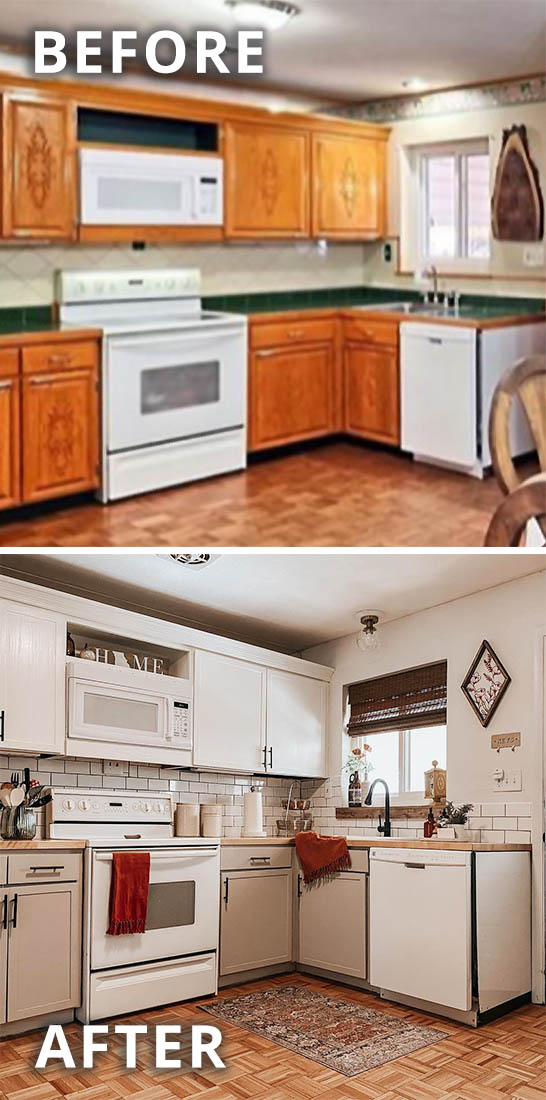 A kitchen make over showing an outdated kitchen that is updated with fresh paint and woven wood shades.