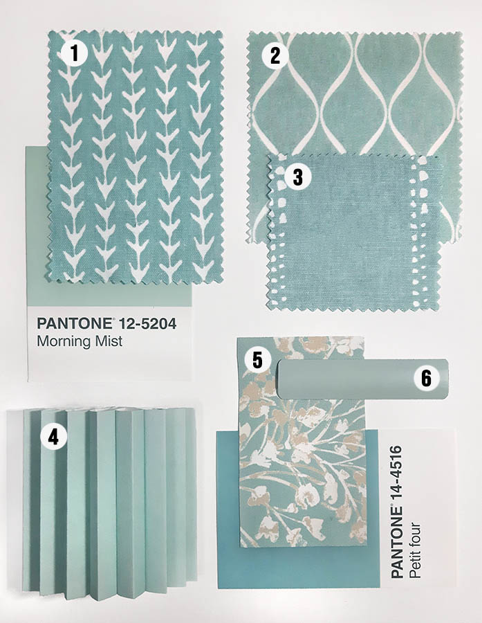 flatlay of light aqua blind and shade samples.