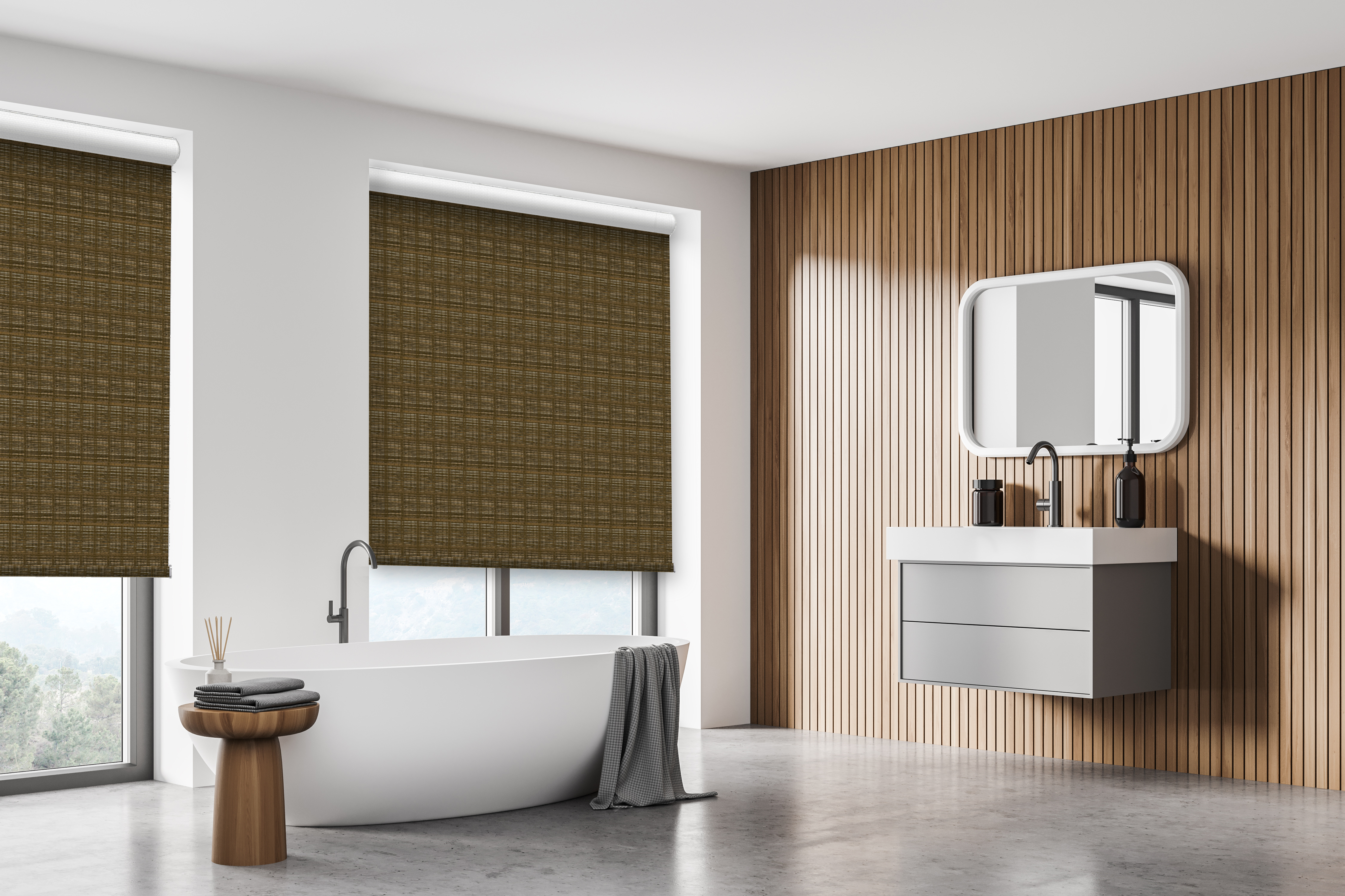Modern, spacious bathroom with dark brown Faux Woven Blackout Roller Shades.