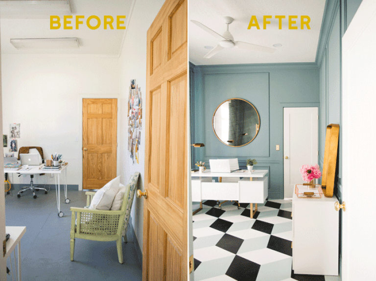 split image with before and after photos of blue, black and white office makeover