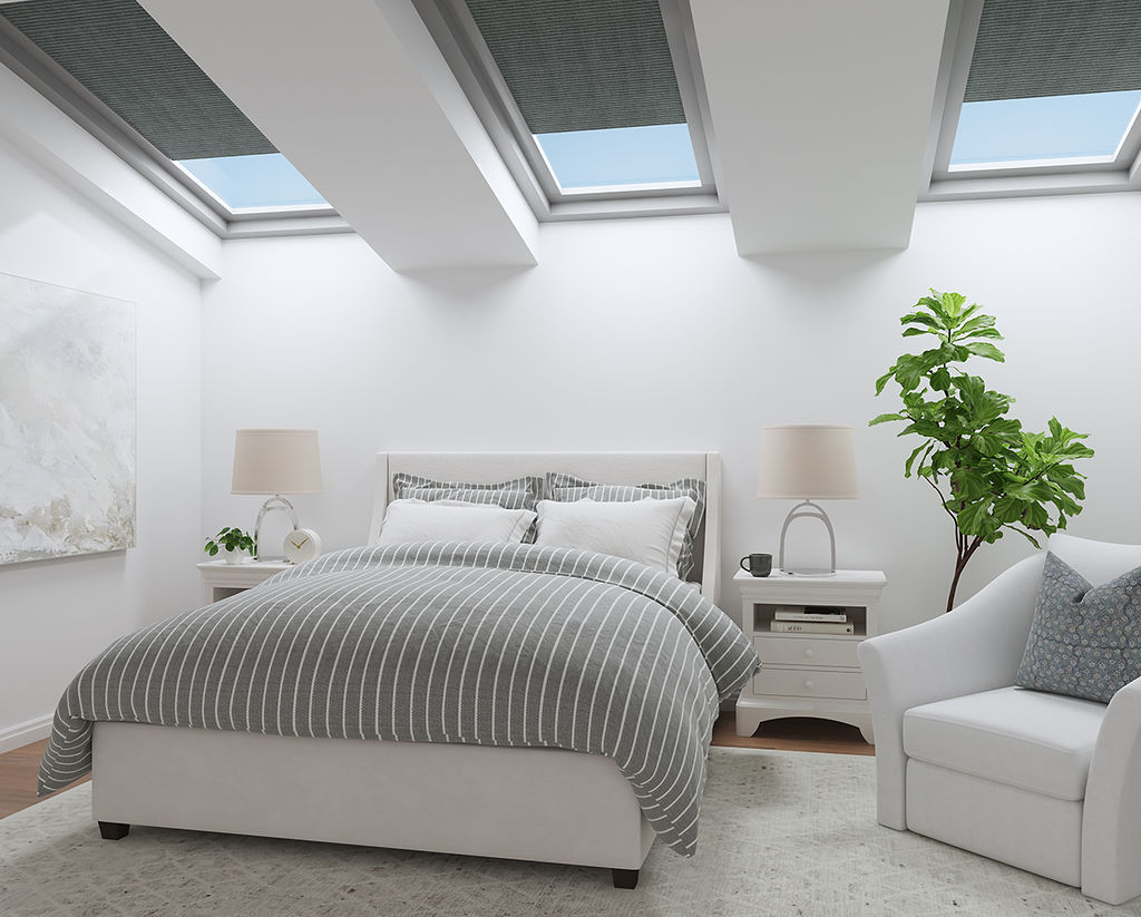 A mid-century modern bedroom featuring Blinds.com Light Filtering Cellular Skylight Shades