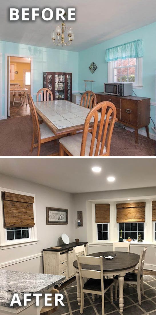 before and after photos comparing a simple dining room that gets a style upgrade into a modern farmhouse dining room.