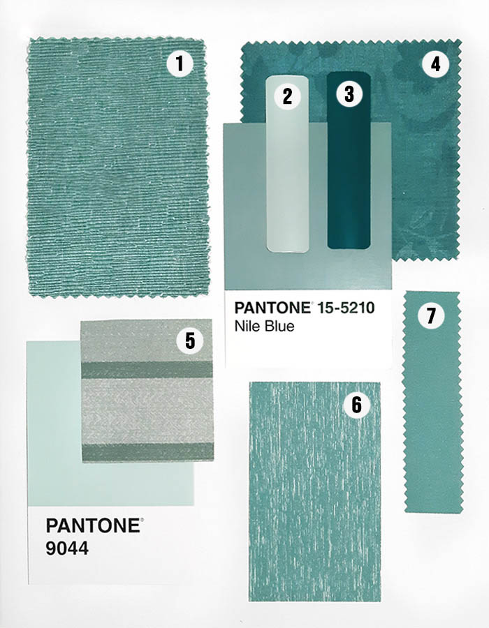 flatlay of teal blind and shade samples.