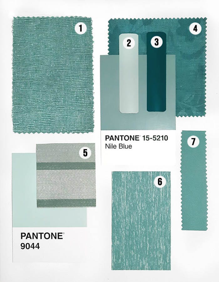 flatlay of teal blind and shade samples.