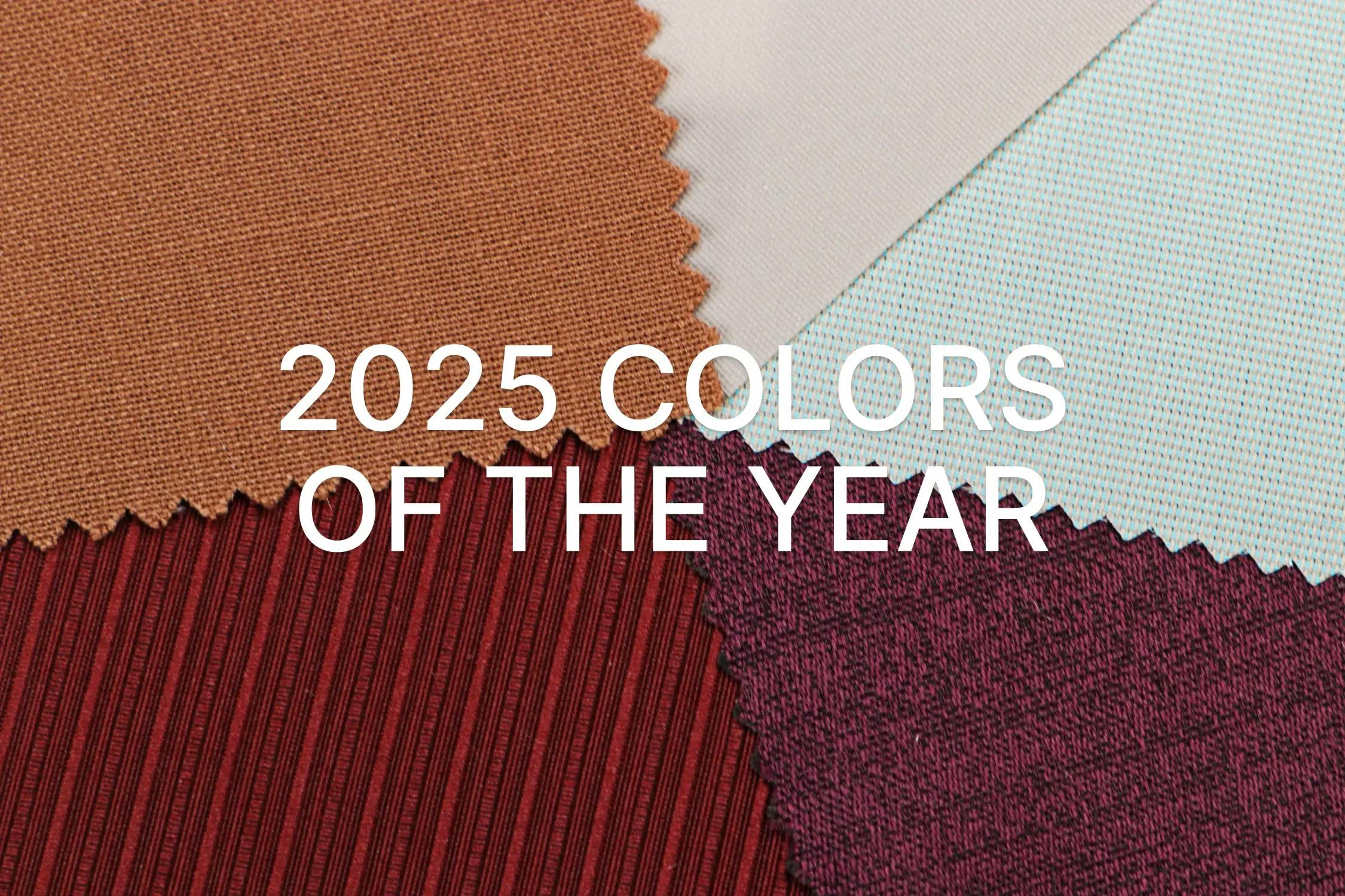 Collage of samples in colors inspired by the 2025 Colors of the Year including Pantone’s Mocha Mousse, HGTV’s Quietude, Benjamin Moore’s Cinnamon Slate, Glidden’s Purple Basil and Behr’s Rumors.