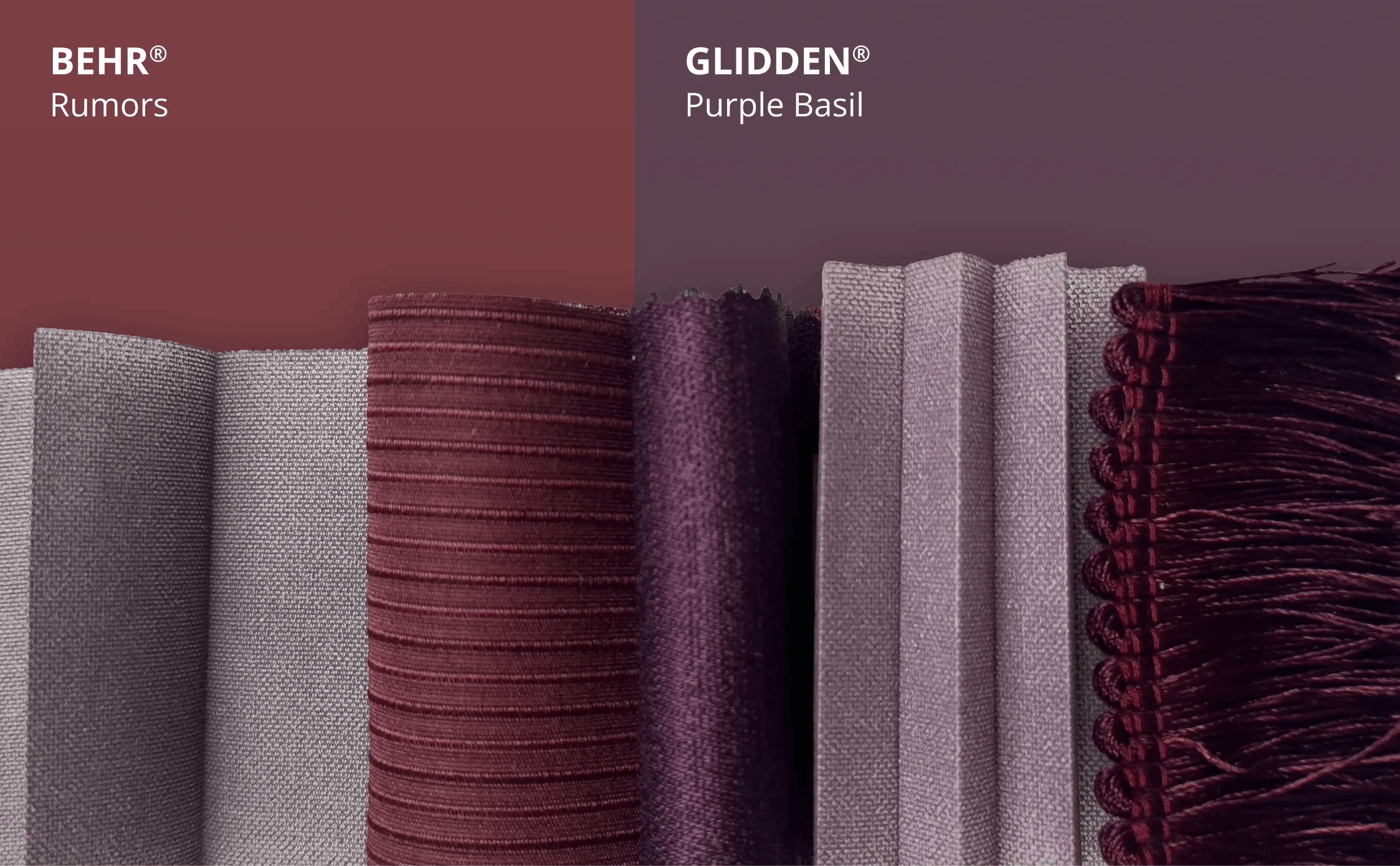 Samples inspired by the colors Rumors, a deep ruby red and Purple Basil, a rich and luxurious purple.