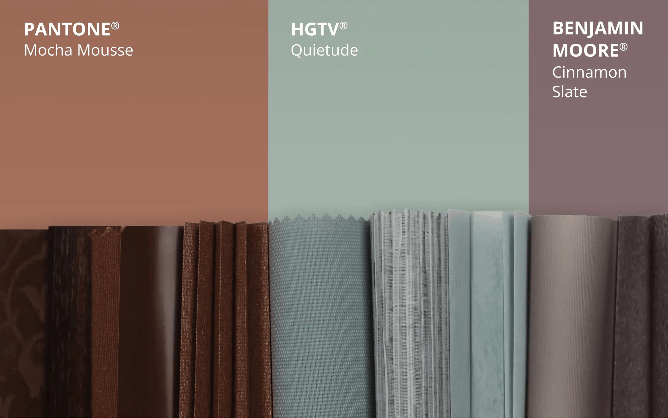 Collage of samples in colors inspired by the 2025 Colors of the Year including Pantone’s Mocha Mousse, HGTV’s Quietude, Benjamin Moore’s Cinnamon Slate, Glidden’s Purple Basil and Behr’s Rumors.