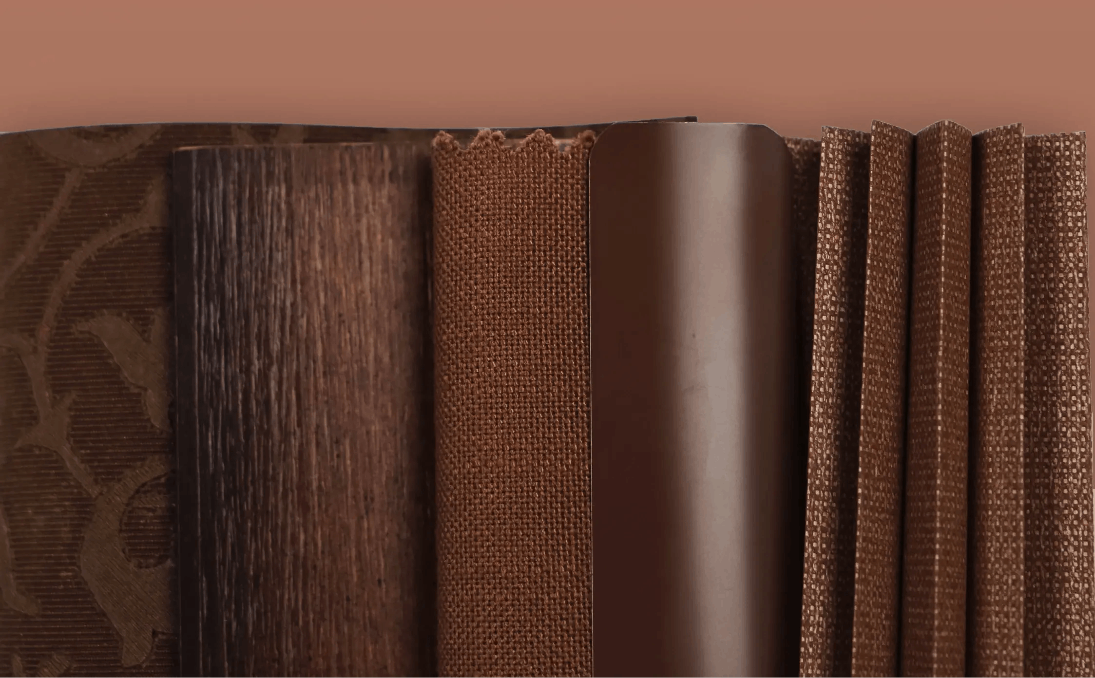 Collage of samples in colors inspired by the 2025 Pantone Color of the Year, Mocha Mousse.