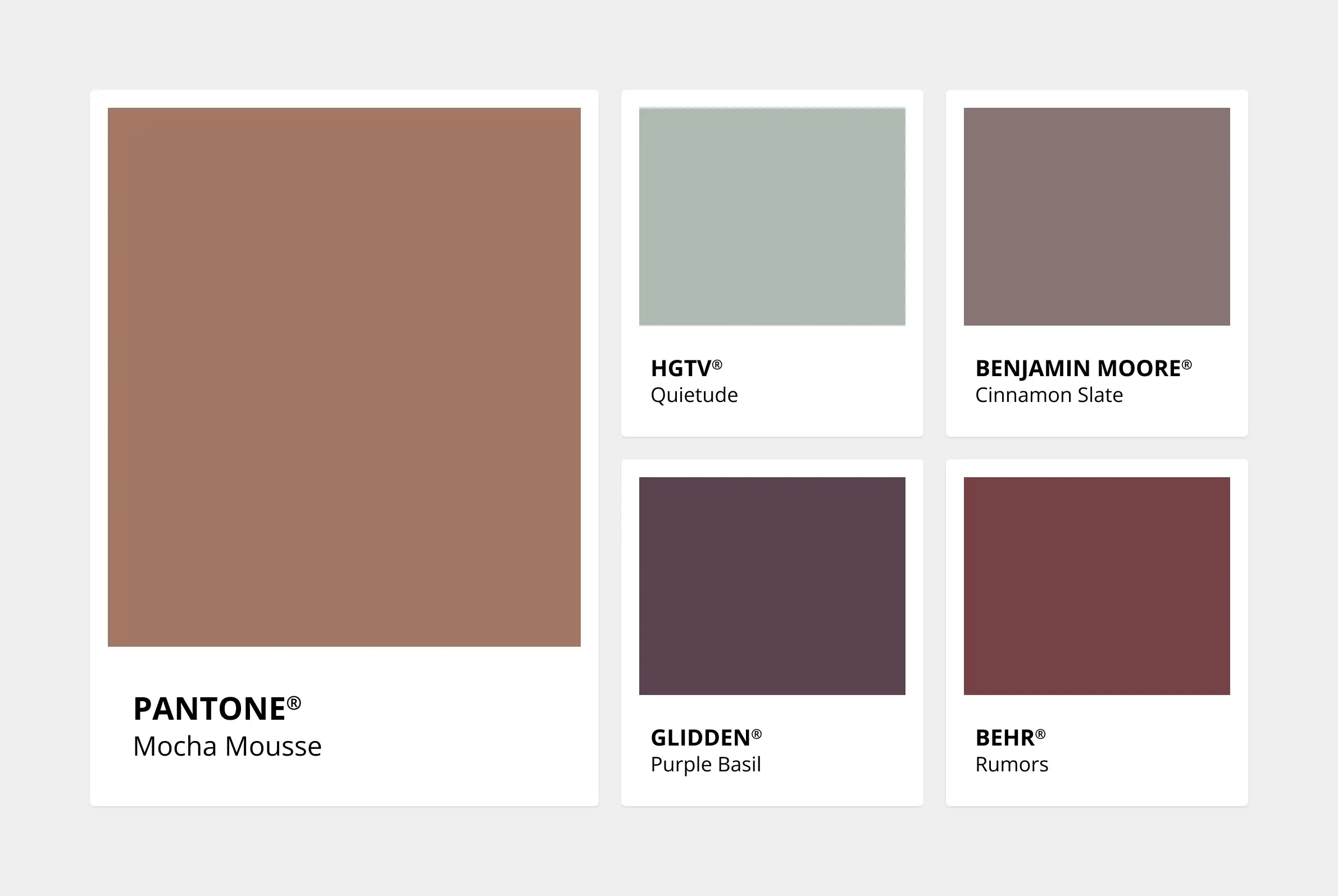Collage of some of the 2025 Colors of the Year including Pantone’s Mocha Mousse, HGTV’s Quietude, Benjamin Moore’s Cinnamon Slate, Glidden’s Purple Basil and Behr’s Rumors.