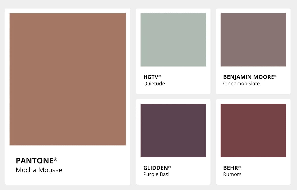 Collage of some of the 2025 Colors of the Year including Pantone’s Mocha Mousse, HGTV’s Quietude, Benjamin Moore’s Cinnamon Slate, Glidden’s Purple Basil and Behr’s Rumors.