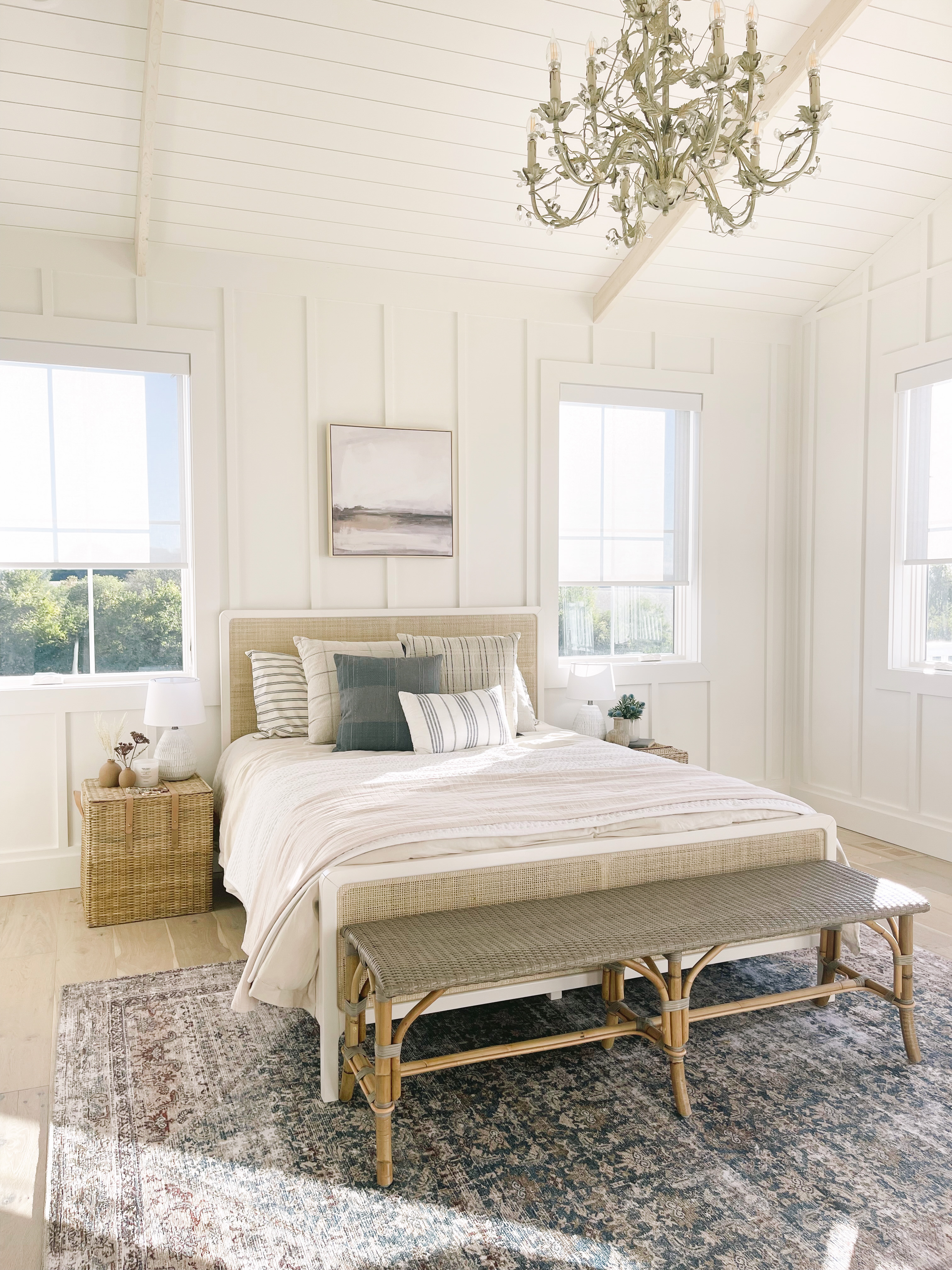 coastal farmhouse bedroom with motorized bedroom window coverings from blinds.com