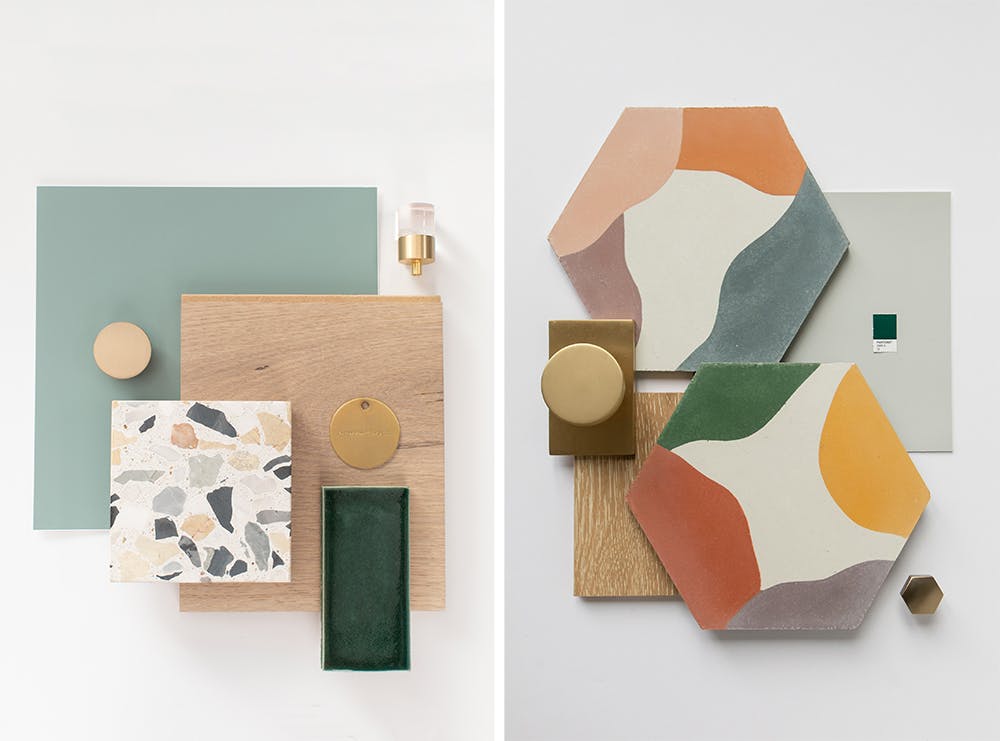 flat lay mood boards of tile and terrazo for home design