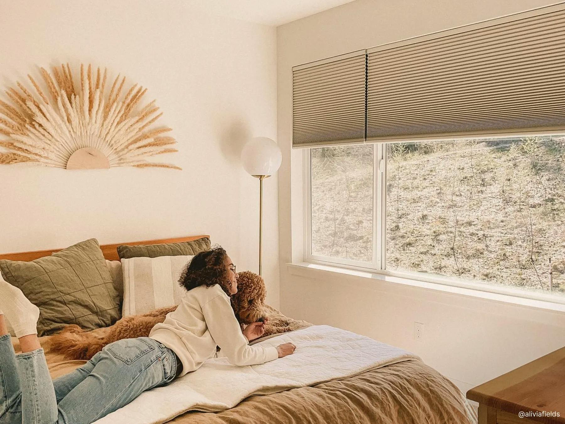 Girl and her dog laying on a bed. They're looking out the window which is covered with gray cellular shades.