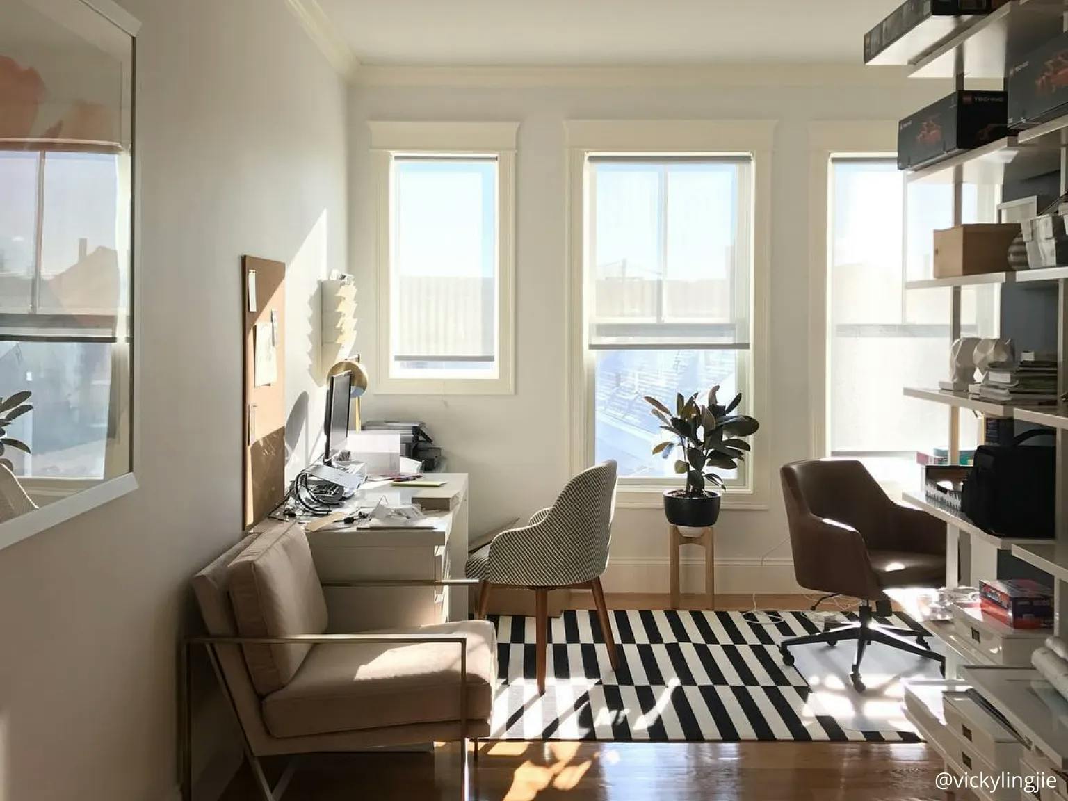 Living space with a lot of natural light. There’s a brown couch, black and white rug, and a desk area. On the right wall is a bookshelf. The three windows on the back wall are covered with white solar shades.