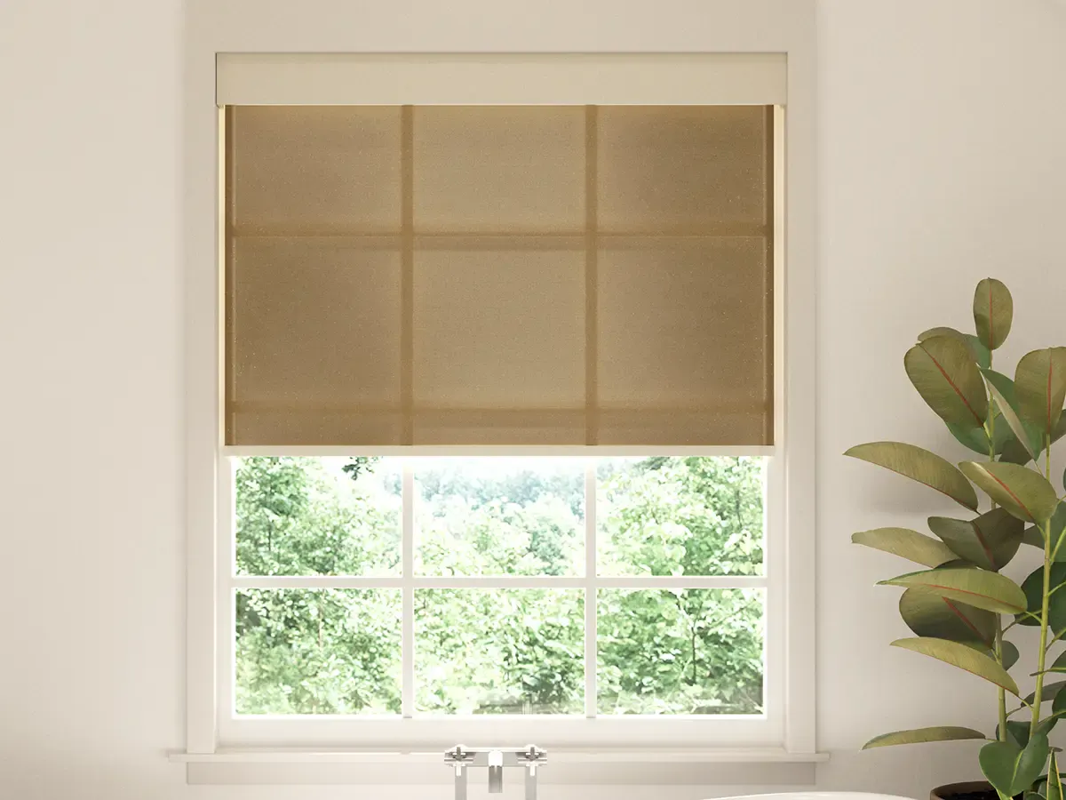 A close-up of a window with a tan-colored semi-transparent roller shade.