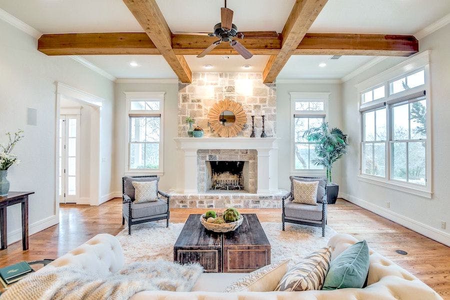 rustic traditional living room staged for open house