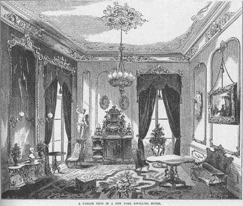 illustraton of a room with tall ceilings, intricate molding details and floor length draperies framing the windows.