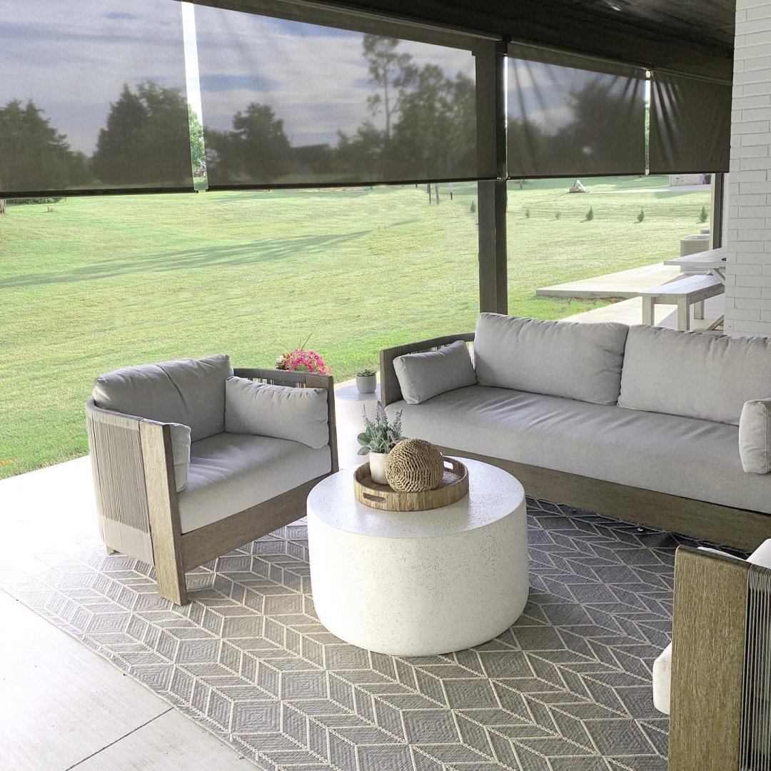 DIY outdoor patio with outdoor seating and Blinds.com outdoor shades