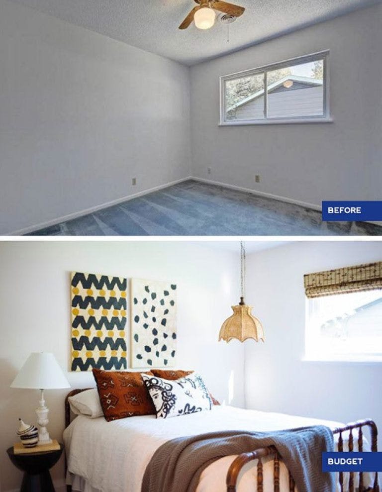 guest bedroom before and after with eclectic african-inspired decor