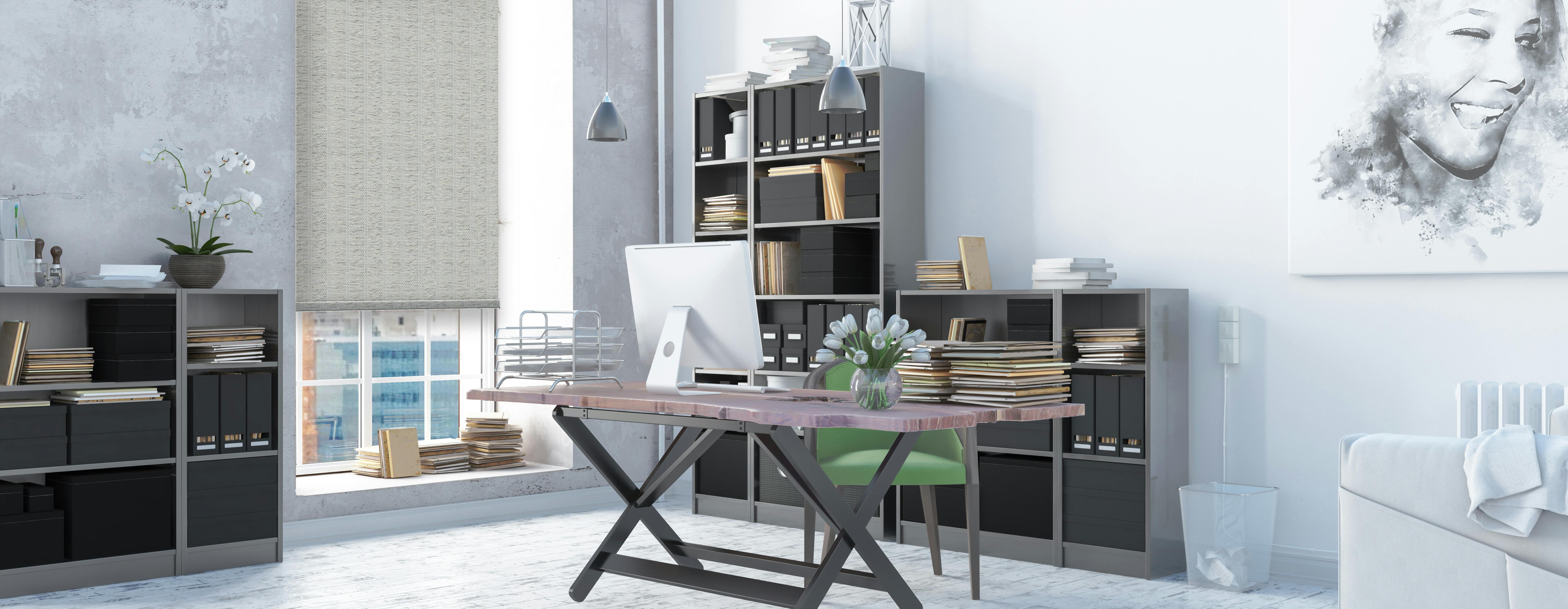 Office space with wooden desk and Faux Woven Roller Shades in Hani Pearl. 