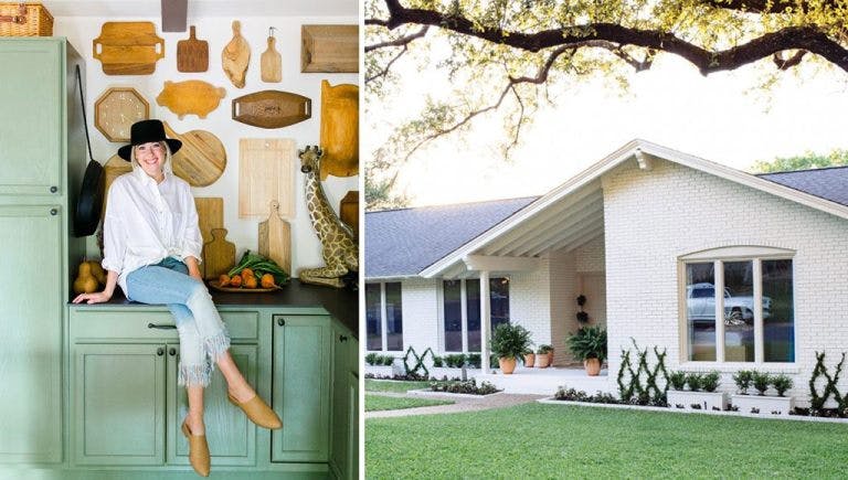 Split image with interior designer Claire Brody sitting on kitchen counter and home exterior with white painted brick