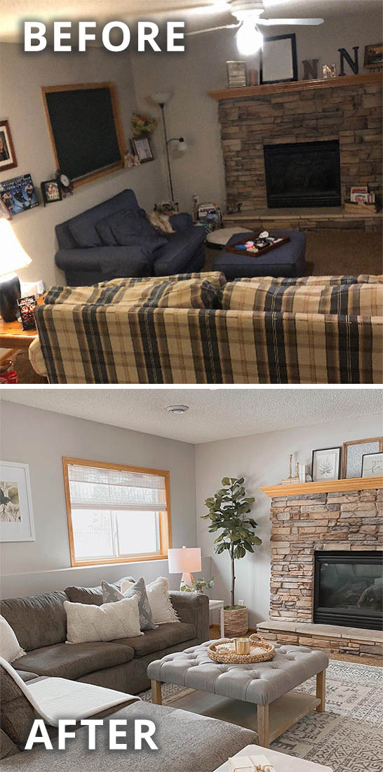 basement living room before and after photos showing how much lighter and brighter the after is.
