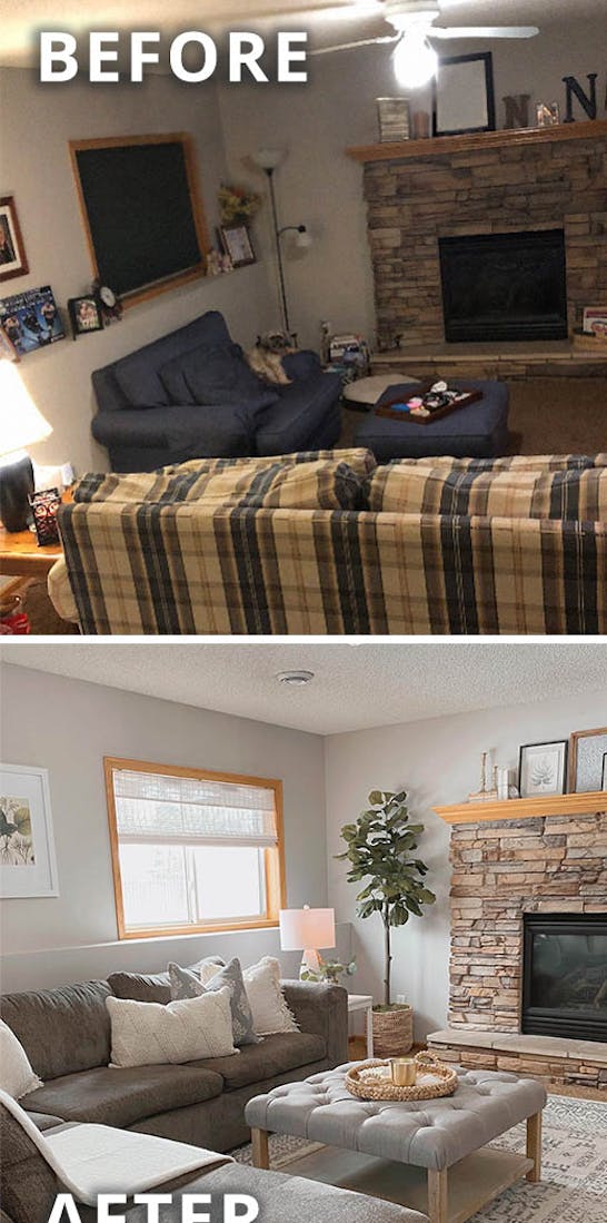 basement living room before and after photos showing how much lighter and brighter the after is.