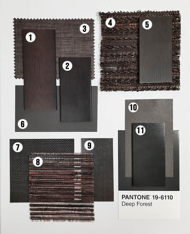 flatlay of dark brown and bronze blind and shade samples.