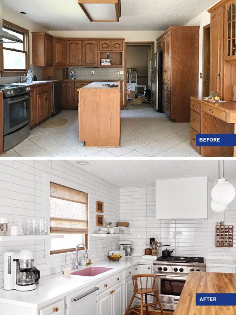before and after photos of kitchen with dark brown cabinets and beige tile, after with white subway tile walls, white cabinets and butcher block island