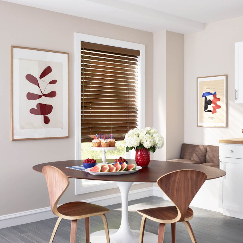 A kitchen nook with red white and blue Fourth of July party decor